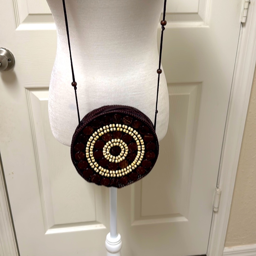 New women wooden beaded hand made crochet cross bag in brown & white color #507